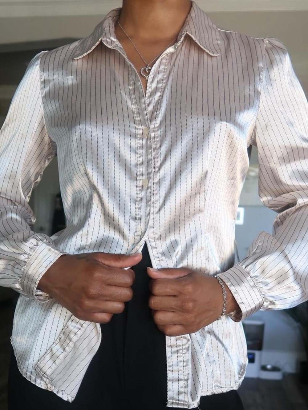 Satin Pinstripe Button-Down Blouse in Light Champagne